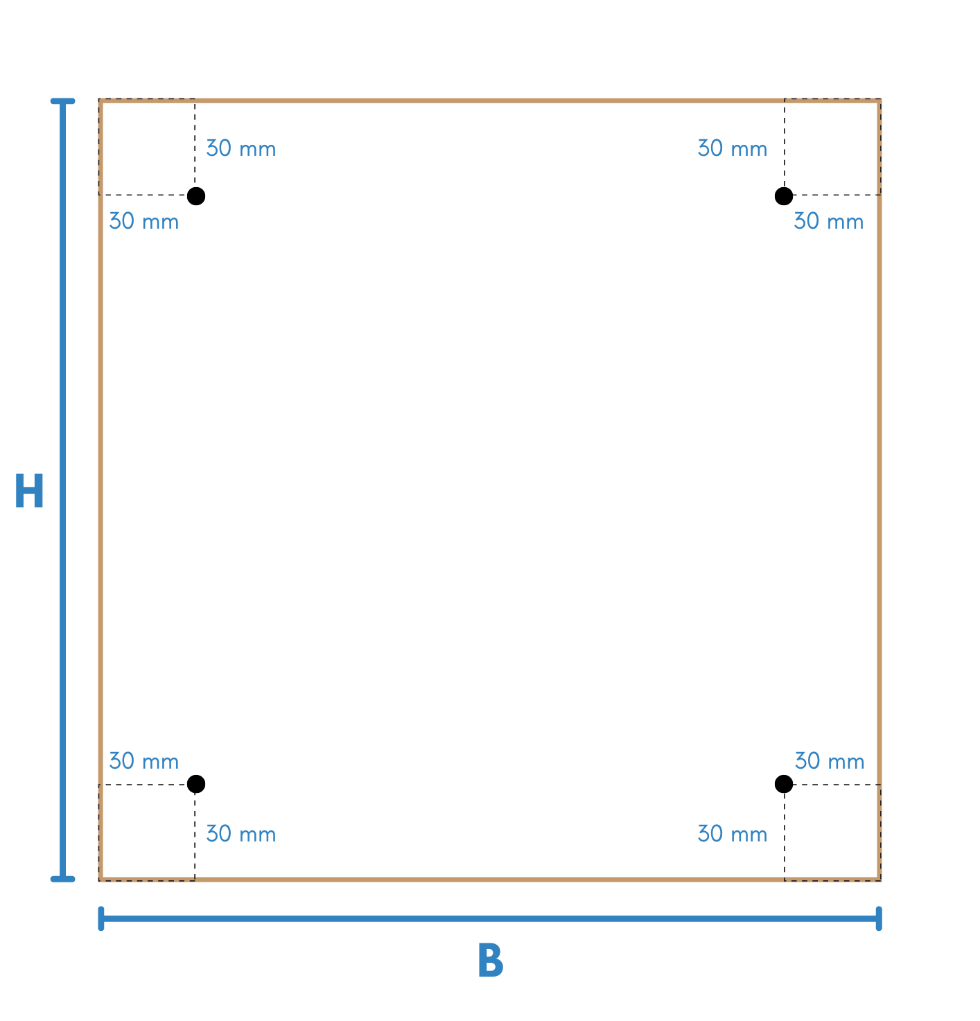 Posities waarop de boringen worden aangebracht bij een keukenachterwand